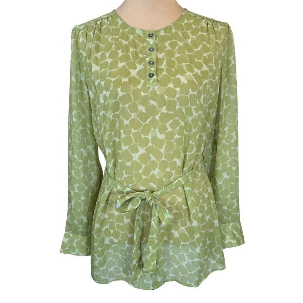 NOT FOR SALE Green Print Long Sleeve Belted Sheer Blouse Top Medium